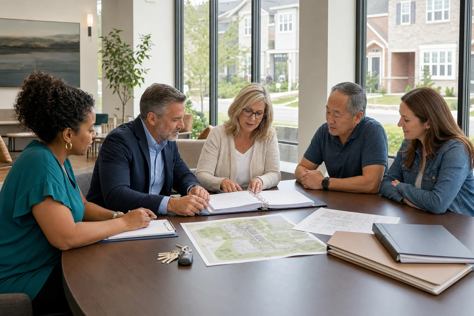 Community-association board members reviewing property and financial records